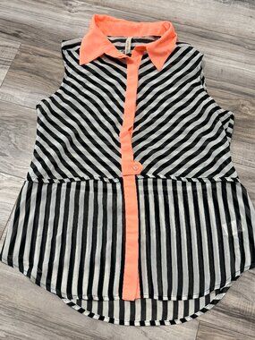 Paper Crane Womens M Black White Striped Sheer Blouse Coral High Low Top Spring